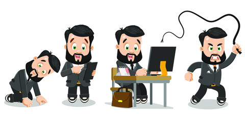 Vector set with guy who is kneeling, looking information at tablet, working at computer desk, punishing or supervising his employees with whip. Ups and downs of businessman`s life. Cartoon on white.