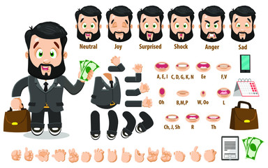 Cartoon businessman constructor for animation. Parts of body: legs, arms, face emotions, hands gestures, lips sync. Full length, front, three quater view. Set of ready to use poses, objects.
