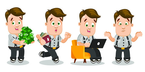 Set of dark blond freelancer man during working day. Joyful businessman keeping lots of money, running with books, typing on laptop sitting in armchair, making helpless gesture. Vector cartoon.