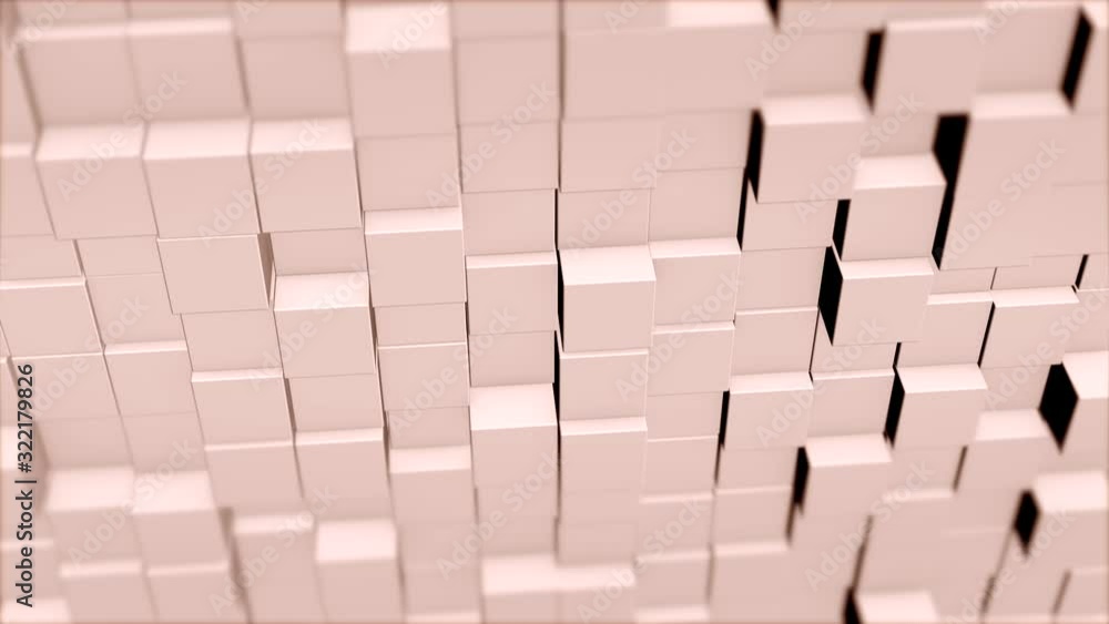 Poster animation of wall consisting of cubes in light pink shade moving forward and backward chaotically.