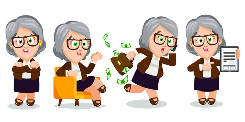 Set with senior businesswoman in different situations at work. Aged woman standing crossing arms on breast, sitting in armchair, running with money, pointing to clipboard with info. Vector cartoon.