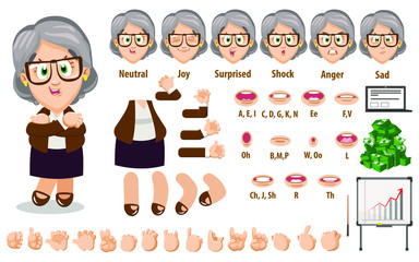 Cartoon senior businesswoman constructor for animation. Parts of body: legs, arms, face emotions, hands gestures, lips sync. Full length, front, three quater view. Set of ready to use poses, objects.