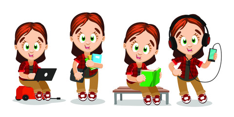 Redheaded girl spending time with devices and books. Smiling student listening to music in headphones with smartphone, working on laptop, learning, studing. Cartoon vector set on white.