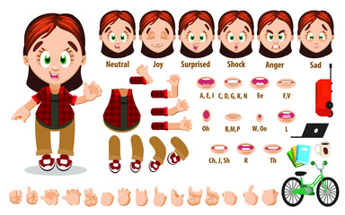 Cartoon redheaded girl constructor for animation. Parts of body: legs, arms, face emotions, hands gestures, lips sync. Full length, front, three quater view. Set of ready to use poses, objects.