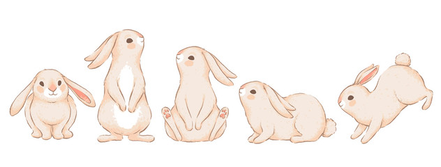 Set of cute funny rabbits in different poses. Imitation of handmade watercolor