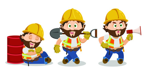 Different moments of working day of smiling bearded man in hardhat and industrial vest. Tired happy builder having rest near barrel, going with shovel, crying to megaphone. Cartoon vector set on white