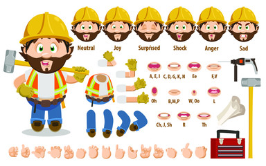 Cartoon builder, foreman constructor for animation. Parts of body: legs, arms, face emotions, hands gestures, lips sync. Full length, front, three quater view. Set of ready to use poses, objects.