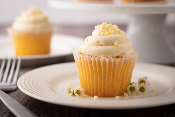 Two Yellow Cupcakes with Vanilla Frosting and Sprinkles