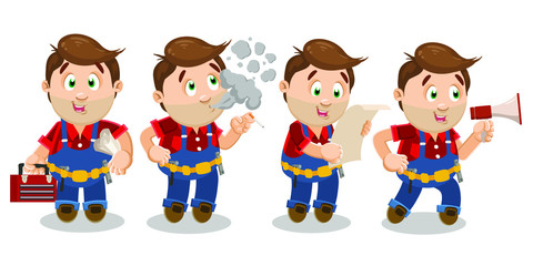 Brunet trowel man with stubble in working uniform spending time at construction. Worker standing, keeping tools kit and cost sheets, smoking, crying to megaphone. Cartoon vector set isolated on white.