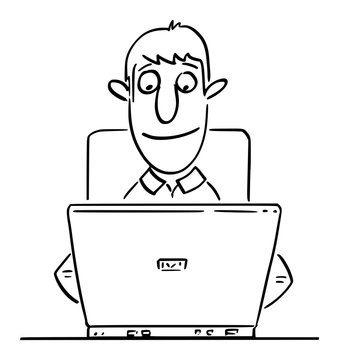 Vector funny comic cartoon drawing of happy office worker or man or businessman or student or author working or typing on computer.