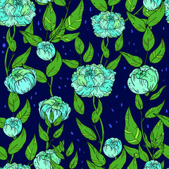 Seamless vector pattern with blue pions and green branch with leaves. Good for printing. Wallpaper, fabric and textile ideas. Cute floral wrapping paper pattern. Spring bouquet.