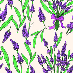 Seamless vector pattern with lavender flowers on white background. Good for printing. Wallpaper, fabric and textile design. Cute floral wrapping paper pattern 