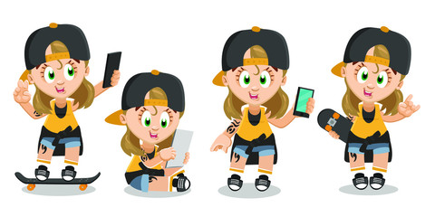 Obraz premium Blond teenager in cap using devices and practicing skateboarding. Unfeminine girl taking selfie, sitting with tablet, keeping smartphone, showing hard rock gesture. Vector cartoon isolated on white.
