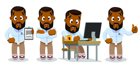 Confident afro-american employee standing crossing arms on breast, showing thumb up gesture, keeping clipboard with info, working at computer desk. Vector cartoon set isolated on white background.