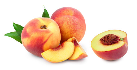 Ripe peach fruit and half with leaf isolated on white background