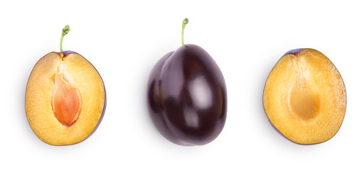 fresh purple plum and half isolated on white background with clipping path. Top view. Flat lay. Set...