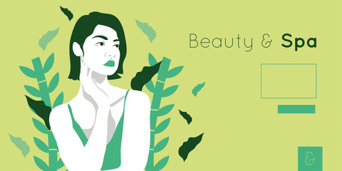 beauty and spa card with woman and leafs plant