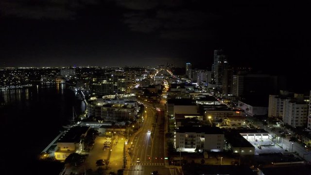 Aerial night scene Miami Beach Florida cityscape