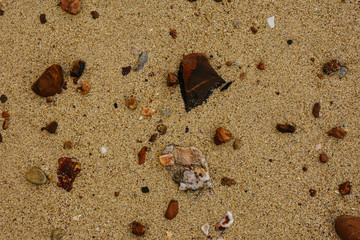 Close up of sea sand and rocks. Beach sand texture.