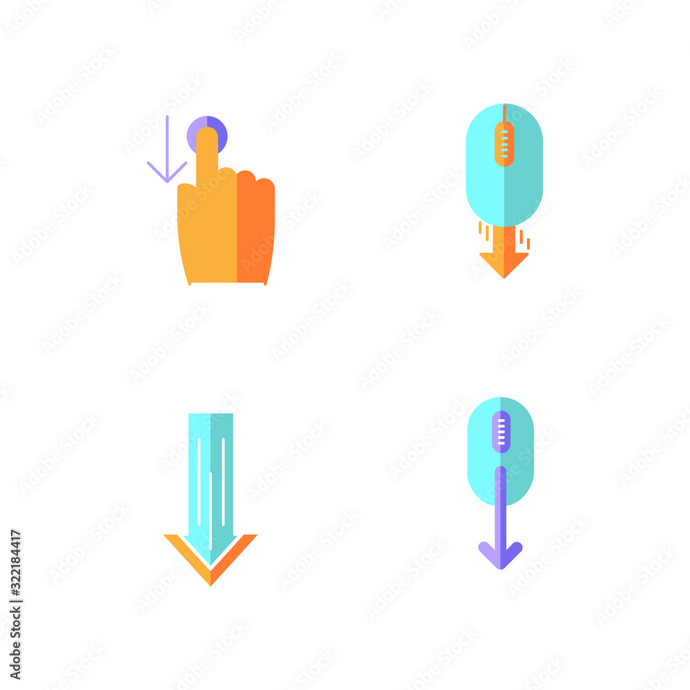 Poster scrolldown flat design cartoon rgb color icons set. swipe down indicators for smartphone touchscreen