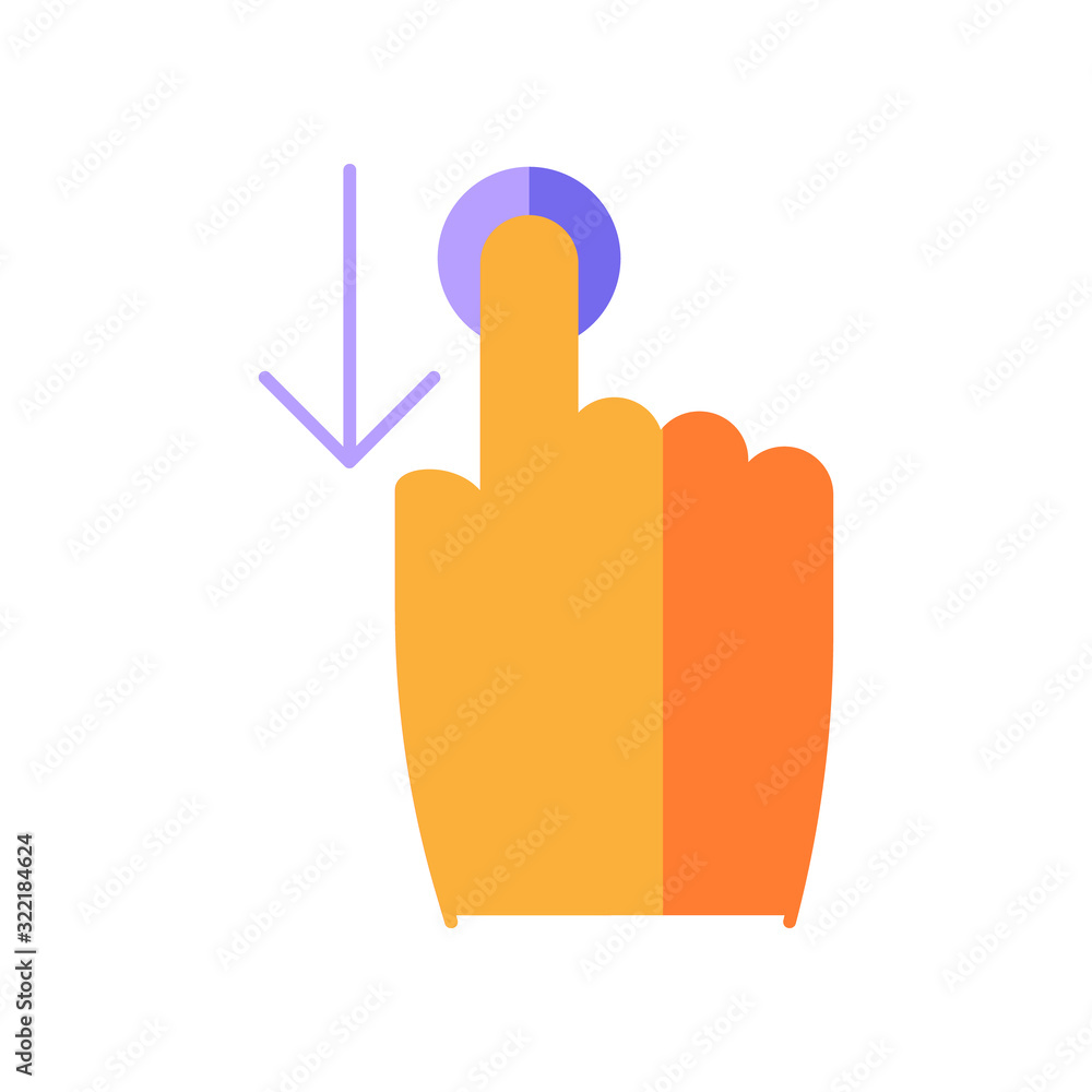 Poster down scrolling finger flat design cartoon rgb color icon. scrolldown gesture for smartphone touch sc