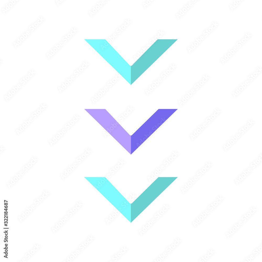 Poster scrolling down button flat design cartoon rgb color icon. three downward arrows for mobile app inter