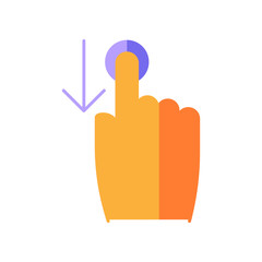 Down scrolling finger flat design cartoon RGB color icon. Scrolldown gesture for smartphone touch screen. Hand and downward arrow button. Computer cursor. Vector silhouette illustration