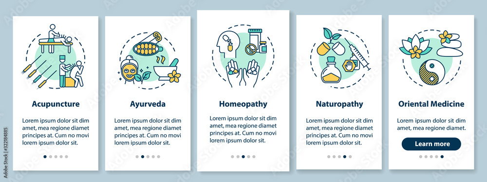 Poster traditional alternative medicine onboarding mobile app page screen with concepts. complementary ther