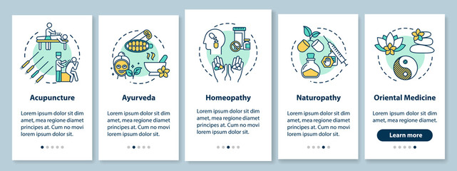 Traditional alternative medicine onboarding mobile app page screen with concepts. Complementary therapy walkthrough five steps graphic instructions. UI vector template with RGB color illustrations