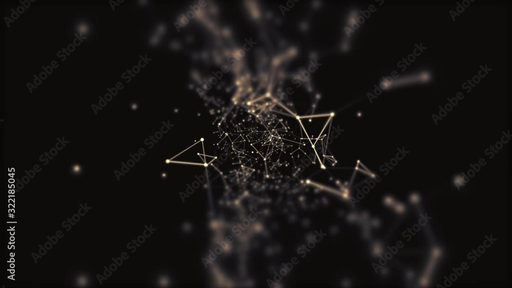Poster digital plexus network in virtual space coming closer, zooming out.