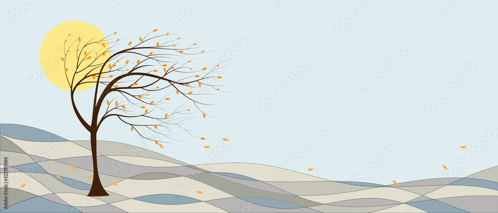 Aufkleber vector illustration landscape fields with full moon and single tree standing alone with waving lines