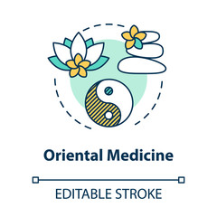 Oriental medicine concept icon. Alternative healing, complementary therapy idea thin line illustration. Traditional eastern treatment. Vector isolated outline RGB color drawing. Editable stroke