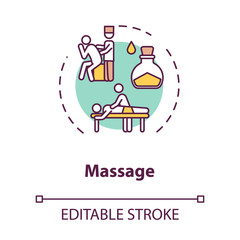 Massage concept icon. Relaxing therapeutic procedure, physiotherapy idea thin line illustration. Professional body treatment, spa service. Vector isolated outline RGB color drawing. Editable stroke