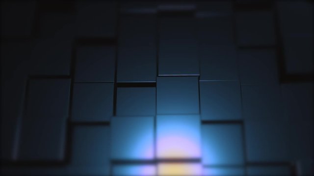 Cool background of blue cubes net zomming out, so that abstract sun becomes visible on this squared grid.