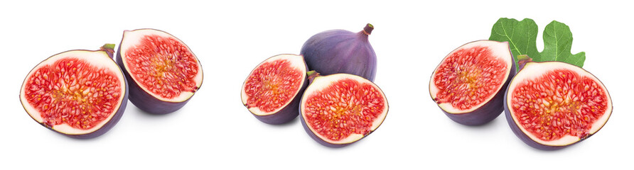 Fresh fig fruit with leaves isolated on white background. Set or collection