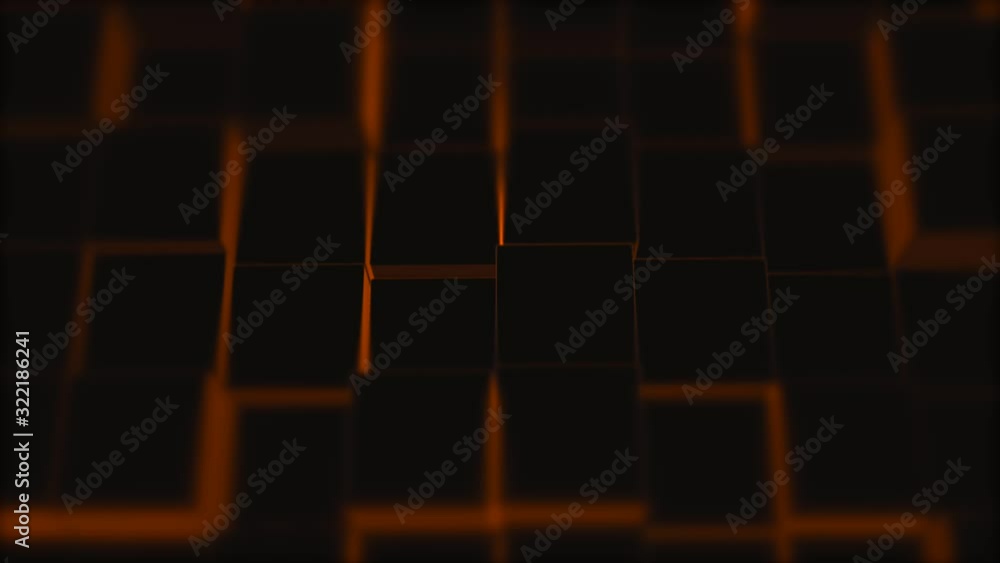 Poster abstract background with black wall of moving illuminated cubic surface.