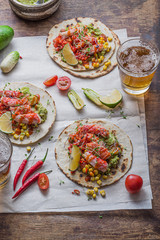 Mexican tacos with crab meat making process, top view