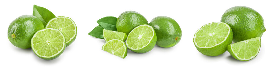 lime with half and leaf isolated on white background. Set or collection