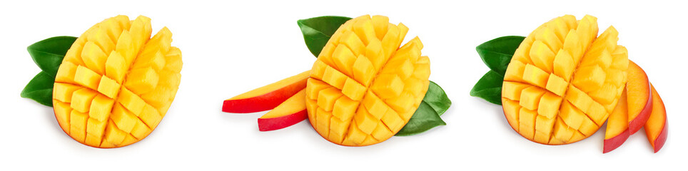 Mango fruit half with leaves and slices isolated on white background close-up. Set or collection