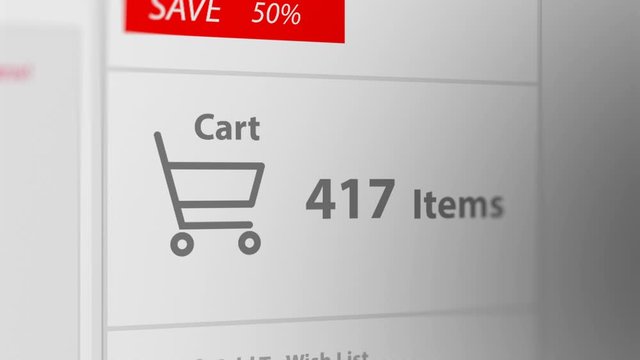 Animation of Item Quantity and Shopping Cart Icon on Computer Screen. Animated Counting Numbers. 2 Different Points of View (10 seconds)