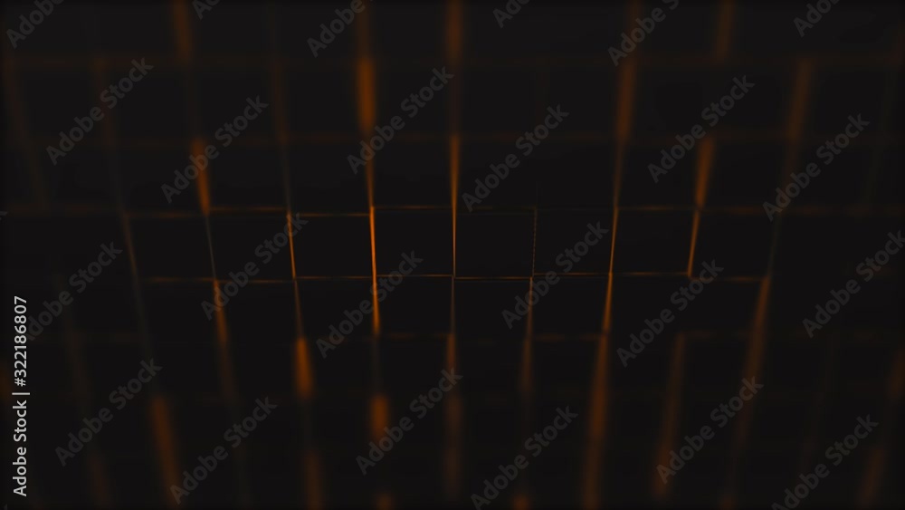 Poster gridded surface made of black cubes with orange glowing around and its reflection.
