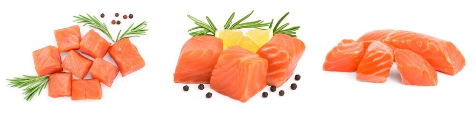 raw salmon piece cube with rosemary and peppercorn isolated on white background close up. Set or...