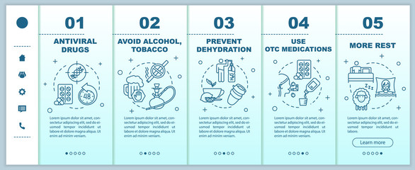 Influenza virus onboarding vector template. Flu treatment. Infection cure. Drugs and medications. Responsive mobile website with icons. Webpage walkthrough step screens. RGB color concept