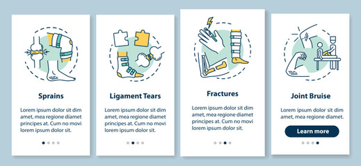 Trauma types onboarding mobile app page screen with concepts. Sprains, ligament tears, fractures, joint bruise walkthrough 4 steps graphic instructions. UI vector template with RGB color illustrations - obrazy, fototapety, plakaty