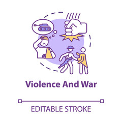Violence and war concept icon. Offence, law violation, armed conflict, physical force use, injury cause idea thin line illustration. Vector isolated outline RGB color drawing. Editable stroke