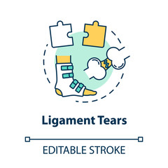 Ligament tears concept icon. Muscle injury, tendon rupture. First aid, trauma treatment scheme idea thin line illustration. Vector isolated outline RGB color drawing. Editable stroke