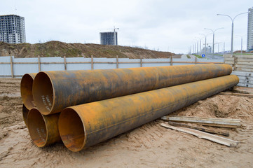 Large iron metal sewer plumbing pipes of large diameter for the industrial construction of water...