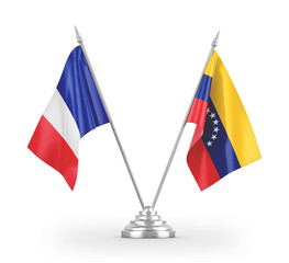 Venezuela and France table flags isolated on white 3D rendering