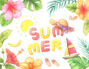 The "summer" message is in the middle. Tropical flower and leaves frame. watercolor illustration. Design for postcards and banner.