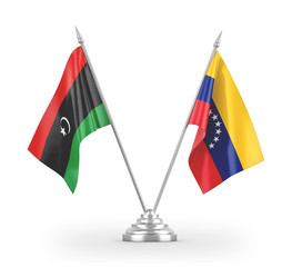 Venezuela and Libya table flags isolated on white 3D rendering